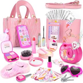 Little Girls Purse & Toddler Girl Toys Make Up Set- 48PCS Play Purse Set Includes Handbag Phone Wallet Camera Play Makeup and More Princess Toys, Pretend Play Purse & Makeup Gift for Girls Age 3+