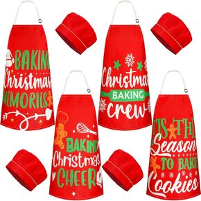 Hoolerry 4 Set Christmas Kids Apron and Chef Hat Boys Girls Aprons with 2 Pockets Hats Cooking Kitchen Painting Baking Wear