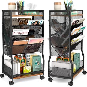 8 Tier Rolling Bookshelf Cart with Wheels, Mobile Book Storage Cart with 2 Sides Access Bookcase for Narrow Space, Rolling File Organizers and Storage for Home Office Living Room Classroom School