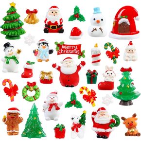 32Pcs Christmas Miniature Figurines, Mini Resin Figurines to Hide Small Resin Santa Claus Snowman Xmas Trees Animals for Xmas Goodie Bag Fillers Winter New Year Holiday Party Favors Decorations