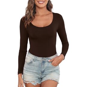 Zephyrine Long Sleeve Bodysuit for Women Scoop Neck Fitted Slim Basic Soft Shirts