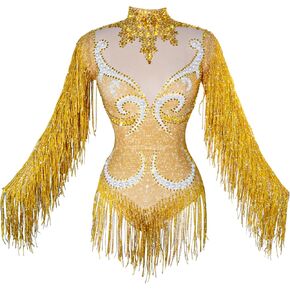 Tyian Sexy Sparkly Diamante Pearl Long Sleeves Fringe Women Bodysuit Team Performance Dance Club Pole Dance Drag Queen Outfit