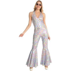 SKAYS Womens 70s Disco Jumpsuit Halloween Costume Sparkly Party Costume