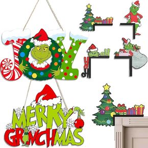 Christmas Decorations 2Pcs Wooden Hanging Sign for Front Door& 4 Pack Wooden Corner Door Decorations - Christmas Decor for Yard, Porch & Wall - Holiday Themed Tree Decor for Merry Xmas Party Supplies
