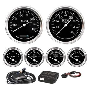 6 Gauge Cluster Kit 0-90 Ohm Vintage Electrical Black Dial 4 Color 140 MPH GPS Speedometer 8000 PRM Tachometer Signal Filter Volt Fuel Level Water Temp Oil Pressure Car Automotive Gauge Set