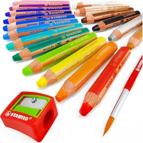 STABILO - Woody 3 in 1 Multi-Media Watercolour Pencils - Jumbo Easy-Grip - Pack of 18 with Sharpener and Brush