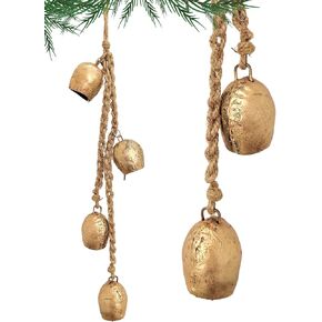 Carfar Rustic Style Bells Cluster Hanging Handmade Metal Harmony Christmas Hanging Cow Bells on Jute Rope