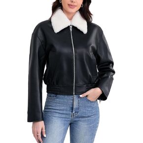 Leather Jacket Women,Cropped Lambskin Bomber Jacket,Removable Sherpa Collar, Zip Front, Elasticized Hem in Kuwait