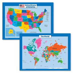 World Map and USA Map for Kids - 2 Poster Set - LAMINATED - Wall Chart Poster of the United States and the World (18 x 24)