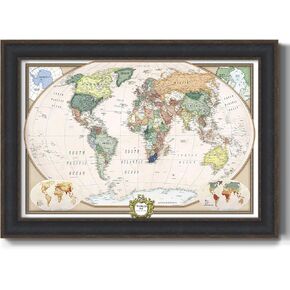 Renditions Gallery Colorful World Map Canvas Wall Art with Caramel Frame Wall Hanging Travel Map with Push Pins for Home, Office, Classroom