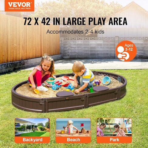 صندوق رمل VEVOR مع غطاء، 72 × 41.5 × 9.1 بوصة صندوق رمل بيضاوي، حفرة رمل HDPE مع 4 زوايا جلوس وبطانة سفلية، صندوق رمل للأطفال للفناء الخلفي في الهواء الطلق، الشاطئ، الحديقة، هدية للأولاد والبنات الذين تتراوح أعمارهم بين 3-12 عامًا، بني in Kuwait