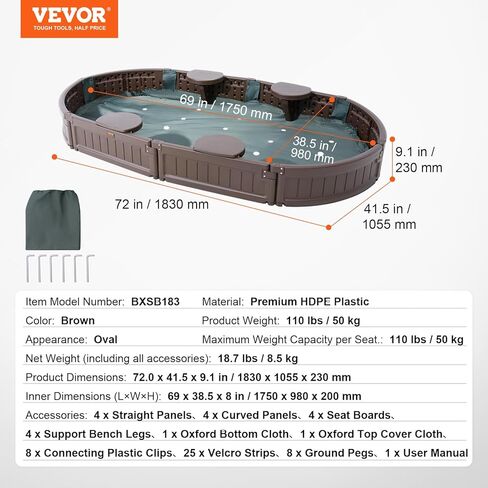 صندوق رمل VEVOR مع غطاء، 72 × 41.5 × 9.1 بوصة صندوق رمل بيضاوي، حفرة رمل HDPE مع 4 زوايا جلوس وبطانة سفلية، صندوق رمل للأطفال للفناء الخلفي في الهواء الطلق، الشاطئ، الحديقة، هدية للأولاد والبنات الذين تتراوح أعمارهم بين 3-12 عامًا، بني in Kuwait