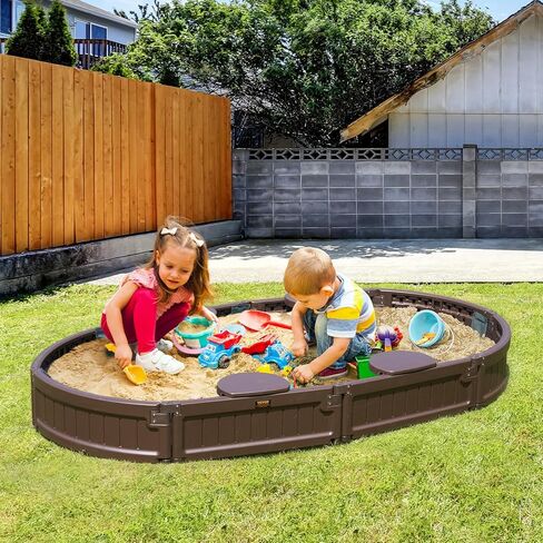 صندوق رمل VEVOR مع غطاء، 72 × 41.5 × 9.1 بوصة صندوق رمل بيضاوي، حفرة رمل HDPE مع 4 زوايا جلوس وبطانة سفلية، صندوق رمل للأطفال للفناء الخلفي في الهواء الطلق، الشاطئ، الحديقة، هدية للأولاد والبنات الذين تتراوح أعمارهم بين 3-12 عامًا، بني in Kuwait
