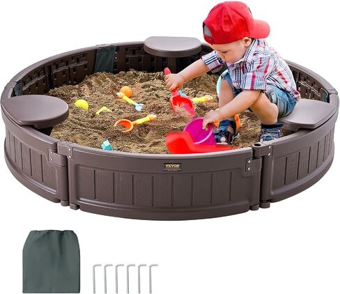 VEVOR Sandbox with Cover, 72 x 41.5 x 9.1 in Oval Sand Box, HDPE Sand Pit with 4 Corner Seating and Bottom Liner, Kids Sandbox for Outdoor Backyard, Beach, Park, Gift for Boys Girls Ages 3-12, Brown in Saudi Arabia