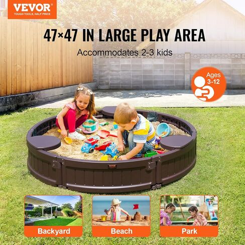 VEVOR Sandbox with Cover, 72 x 41.5 x 9.1 in Oval Sand Box, HDPE Sand Pit with 4 Corner Seating and Bottom Liner, Kids Sandbox for Outdoor Backyard, Beach, Park, Gift for Boys Girls Ages 3-12, Brown in Saudi Arabia