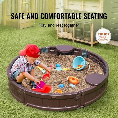VEVOR Sandbox with Cover, 72 x 41.5 x 9.1 in Oval Sand Box, HDPE Sand Pit with 4 Corner Seating and Bottom Liner, Kids Sandbox for Outdoor Backyard, Beach, Park, Gift for Boys Girls Ages 3-12, Brown in Saudi Arabia