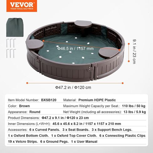 VEVOR Sandbox with Cover, 72 x 41.5 x 9.1 in Oval Sand Box, HDPE Sand Pit with 4 Corner Seating and Bottom Liner, Kids Sandbox for Outdoor Backyard, Beach, Park, Gift for Boys Girls Ages 3-12, Brown in Saudi Arabia