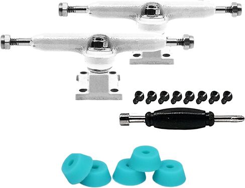 Teak Tuning Prodigy Fingerboard Trucks with Upgraded Lock Nuts, Silver Chrome Colorway - 32mm Wide - Includes Teal Pro Duro 61A Bubble Bushings in Kuwait