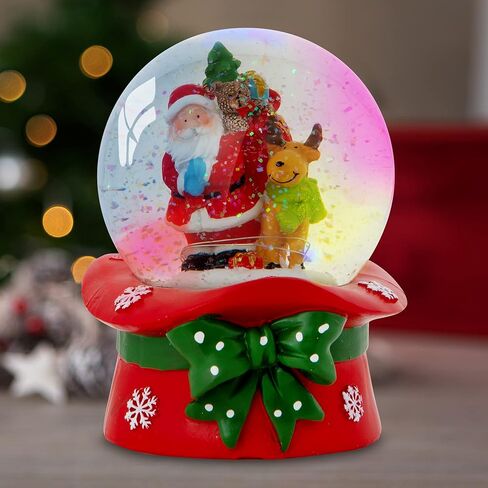 Christmas Musical Snow Globe - Plays 8 Songs Including Jingle Bells & Lights Up with Changing LED Colours - Large 14cm (Santa & Rudolph on Festive Hat) in Saudi Arabia