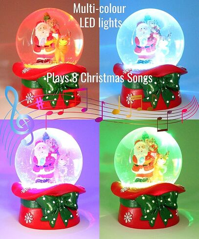 Christmas Musical Snow Globe - Plays 8 Songs Including Jingle Bells & Lights Up with Changing LED Colours - Large 14cm (Santa & Rudolph on Festive Hat) in Saudi Arabia