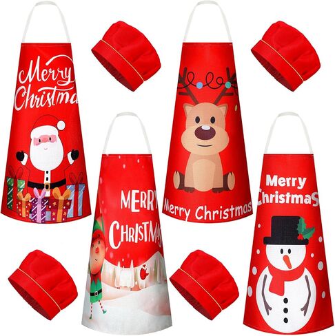 Hoolerry 4 Set Christmas Kids Apron and Chef Hat Boys Girls Aprons with 2 Pockets Hats Cooking Kitchen Painting Baking Wear in Saudi Arabia