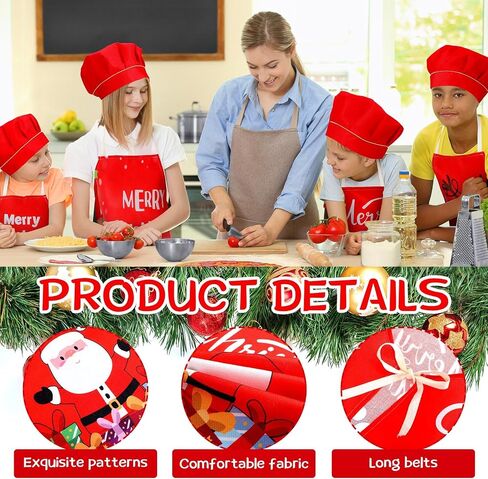 Hoolerry 4 Set Christmas Kids Apron and Chef Hat Boys Girls Aprons with 2 Pockets Hats Cooking Kitchen Painting Baking Wear in Saudi Arabia