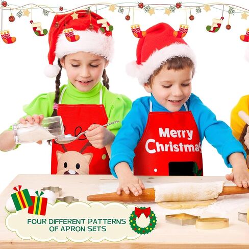 Hoolerry 4 Set Christmas Kids Apron and Chef Hat Boys Girls Aprons with 2 Pockets Hats Cooking Kitchen Painting Baking Wear in Saudi Arabia
