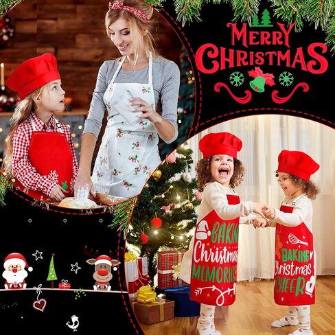 Hoolerry 4 Set Christmas Kids Apron and Chef Hat Boys Girls Aprons with 2 Pockets Hats Cooking Kitchen Painting Baking Wear in Saudi Arabia