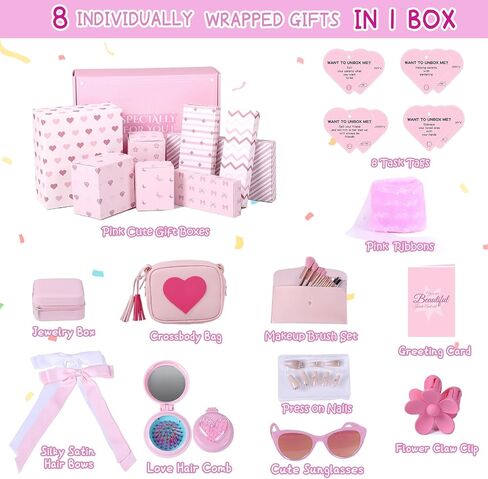 MH MYLUNE HOME Birthday Gifts for Teen Girls, Pink Gifts Basket Birthday Graduation Gifts box Set for Teen Tween Girl Age 6-18, 8 Individually Wrapped Gifts in 1 Box & Fun Task Tags in Kuwait