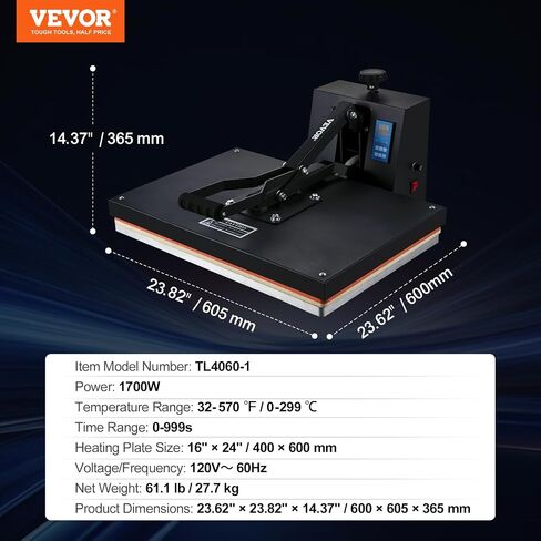 VEVOR Heat Press 16x24، 1700W Power Heat Press Machine، تسخين سريع، آلة ضغط حراري عالية الضغط للقميص، طابعة التسامي الصناعية الرقمية لفينيل نقل الحرارة، سهلة الاستخدام، أسود in Saudi Arabia