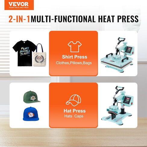 VEVOR 15x15 Heat Press & Hat Heat Press 2 in 1 Machine, Digital Temp&Timer Control, Heat Up Fast & Even - Cap & Shirt Press Combo Machine for Most Hats, T Shirt, Cap, Pillow, Bag, Pad, Hoodie in Saudi Arabia