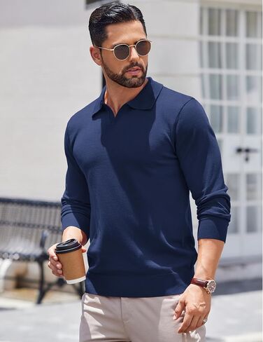COOFANDY Long Sleeve Polo Shirts for Men Knit Polo Sweater Lightweight Ribbed Pullover Sweater in Saudi Arabia