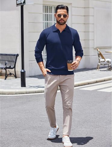 COOFANDY Long Sleeve Polo Shirts for Men Knit Polo Sweater Lightweight Ribbed Pullover Sweater in Saudi Arabia