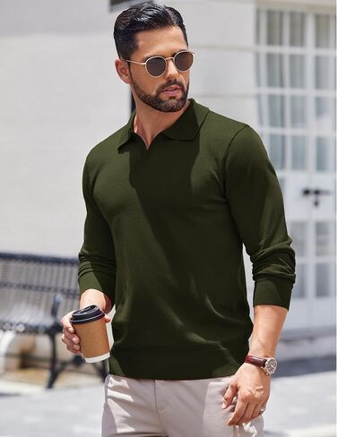 COOFANDY Long Sleeve Polo Shirts for Men Knit Polo Sweater Lightweight Ribbed Pullover Sweater in Saudi Arabia