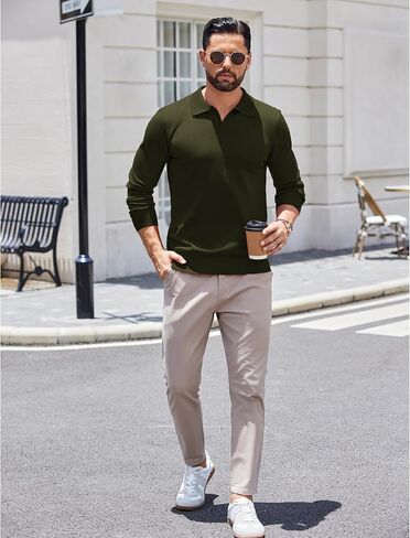 COOFANDY Long Sleeve Polo Shirts for Men Knit Polo Sweater Lightweight Ribbed Pullover Sweater in Saudi Arabia