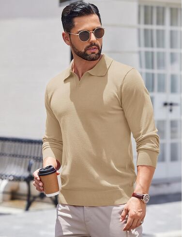 COOFANDY Long Sleeve Polo Shirts for Men Knit Polo Sweater Lightweight Ribbed Pullover Sweater in Saudi Arabia