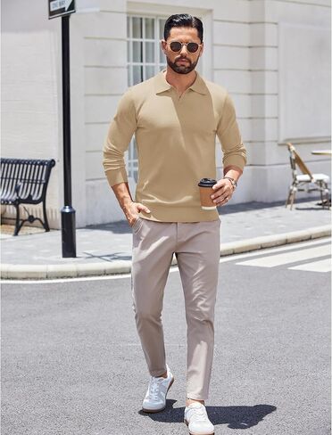 COOFANDY Long Sleeve Polo Shirts for Men Knit Polo Sweater Lightweight Ribbed Pullover Sweater in Saudi Arabia
