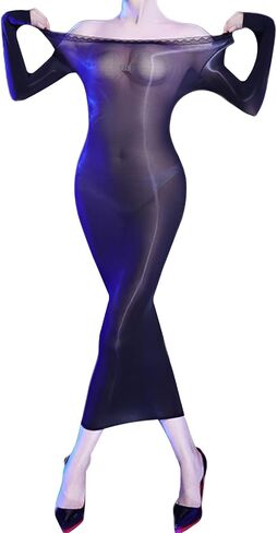 Women's Sexy Bodystocking Lingerie Long Dress Shiny Lace Round Neck Sheer Dress Lace Teddy Dress in Saudi Arabia