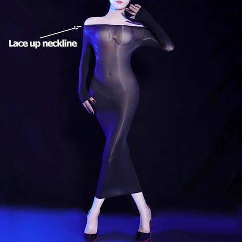 Women's Sexy Bodystocking Lingerie Long Dress Shiny Lace Round Neck Sheer Dress Lace Teddy Dress in Saudi Arabia