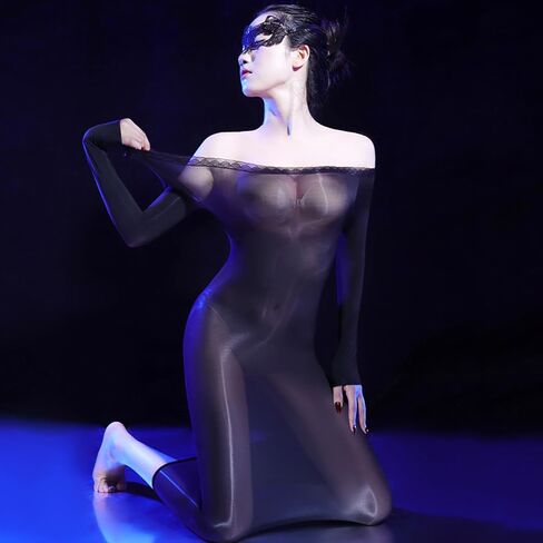 Women's Sexy Bodystocking Lingerie Long Dress Shiny Lace Round Neck Sheer Dress Lace Teddy Dress in Saudi Arabia