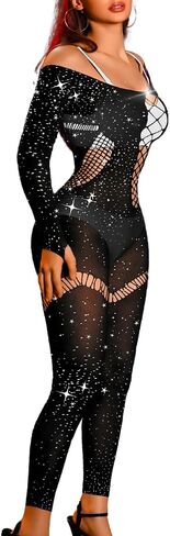 Rhinestone Mesh Jumpsuit Fit 0-10, Womens Sexy Going Out Club, Exotic Wear Dancer Fishnet, Rave Outfits Bodysuit in Kuwait