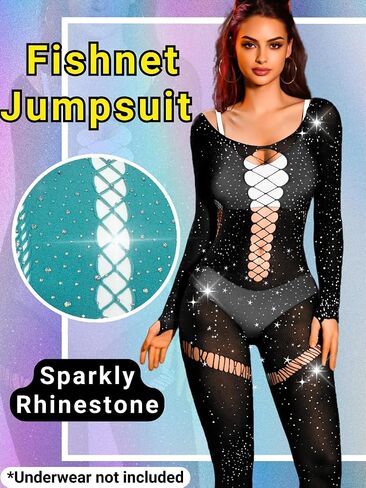Rhinestone Mesh Jumpsuit Fit 0-10, Womens Sexy Going Out Club, Exotic Wear Dancer Fishnet, Rave Outfits Bodysuit in Kuwait