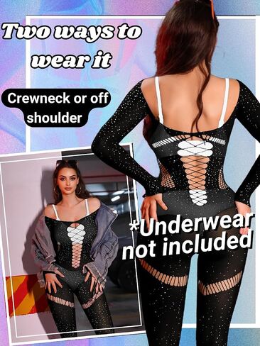 Rhinestone Mesh Jumpsuit Fit 0-10, Womens Sexy Going Out Club, Exotic Wear Dancer Fishnet, Rave Outfits Bodysuit in Kuwait