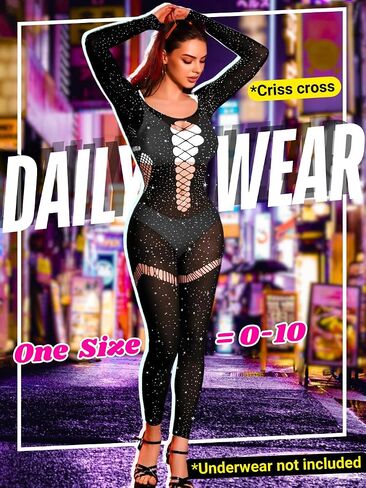 Rhinestone Mesh Jumpsuit Fit 0-10, Womens Sexy Going Out Club, Exotic Wear Dancer Fishnet, Rave Outfits Bodysuit in Kuwait