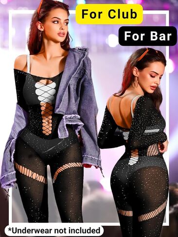 Rhinestone Mesh Jumpsuit Fit 0-10, Womens Sexy Going Out Club, Exotic Wear Dancer Fishnet, Rave Outfits Bodysuit in Kuwait