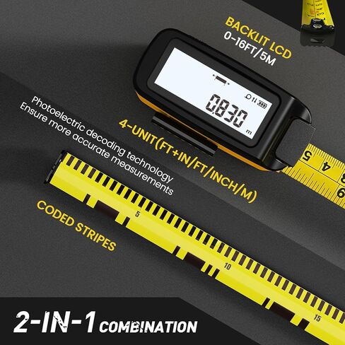 شريط قياس رقمي 2 في 1 من ACPOTEL - قياس شريط قياس 16 قدم، قابل لإعادة الشحن عبر USB شريط قياس فوري لعرض البيانات، 20 مجموعة ذاكرة تاريخية لقياس دقيق in Kuwait