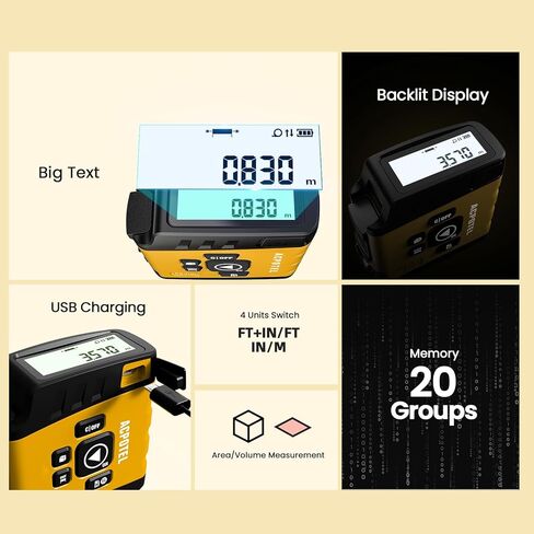 شريط قياس رقمي 2 في 1 من ACPOTEL - قياس شريط قياس 16 قدم، قابل لإعادة الشحن عبر USB شريط قياس فوري لعرض البيانات، 20 مجموعة ذاكرة تاريخية لقياس دقيق in Kuwait