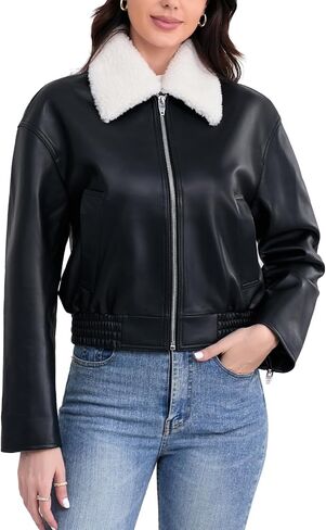 Leather Jacket Women,Cropped Lambskin Bomber Jacket,Removable Sherpa Collar, Zip Front, Elasticized Hem in Kuwait