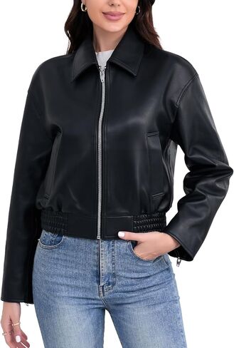 Leather Jacket Women,Cropped Lambskin Bomber Jacket,Removable Sherpa Collar, Zip Front, Elasticized Hem in Kuwait