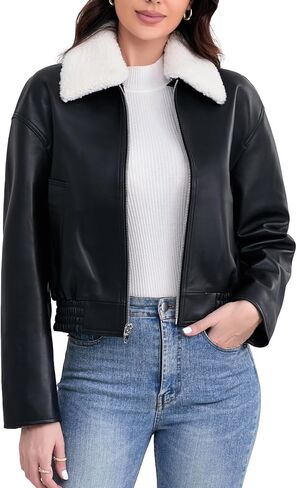 Leather Jacket Women,Cropped Lambskin Bomber Jacket,Removable Sherpa Collar, Zip Front, Elasticized Hem in Kuwait